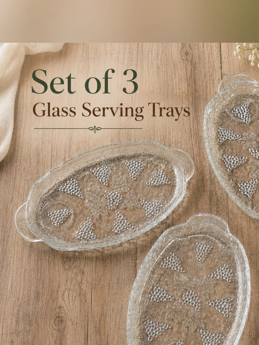 Vintage Grape Pattern Pressed Glass Serving Trays Set of 3